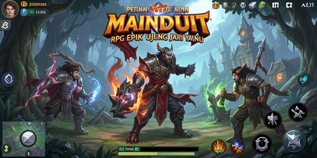 Screenshot gameplay MAINDUIT menampilkan pertarungan epik di dunia fantasi.